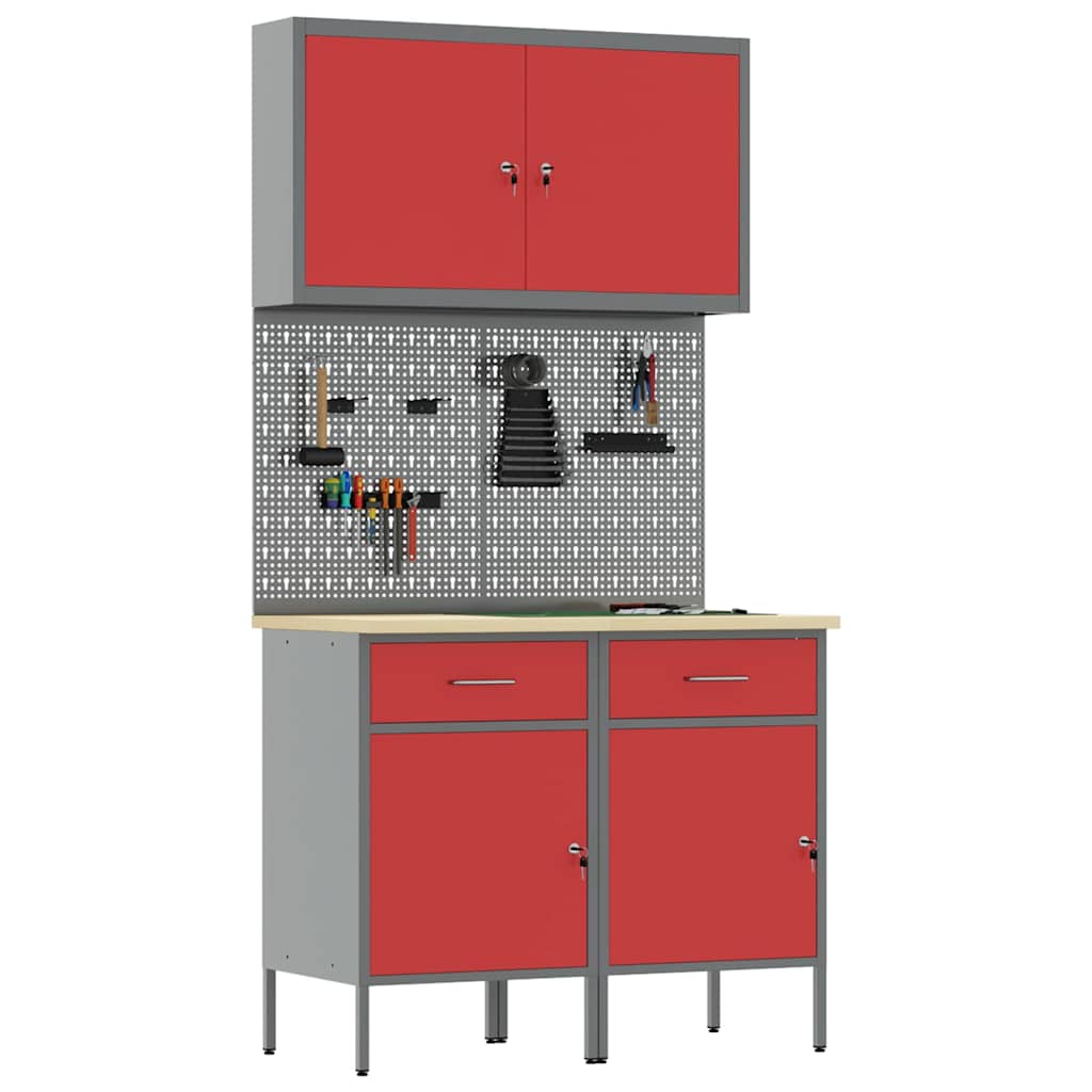 Mobile da lavoro 5 pcs Rosso Legno ingegnerizzato e acciaio