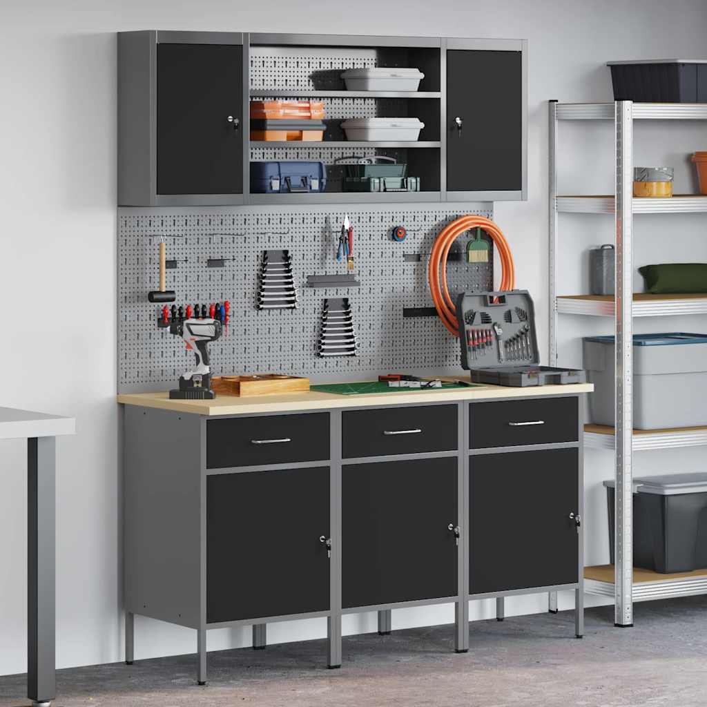 Mobile da lavoro 7 pcs Nero Legno ingegnerizzato e acciaio