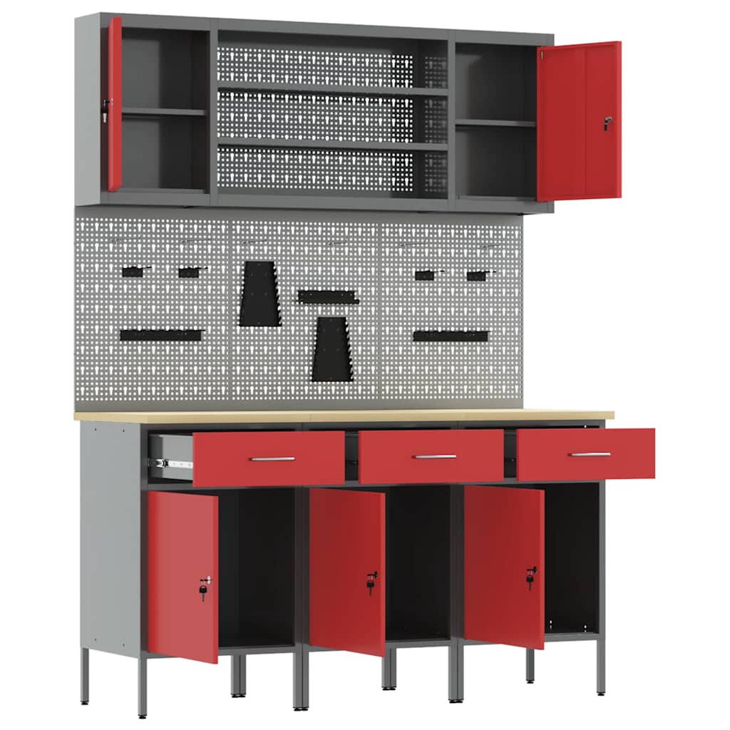 Mobile da lavoro 7 pcs Rosso Legno ingegnerizzato e acciaio