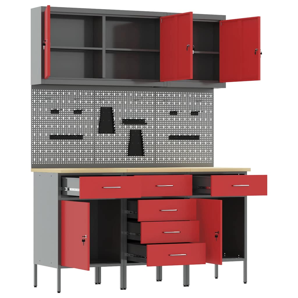 Mobile da lavoro 8 pcs Rosso Legno ingegnerizzato e acciaio