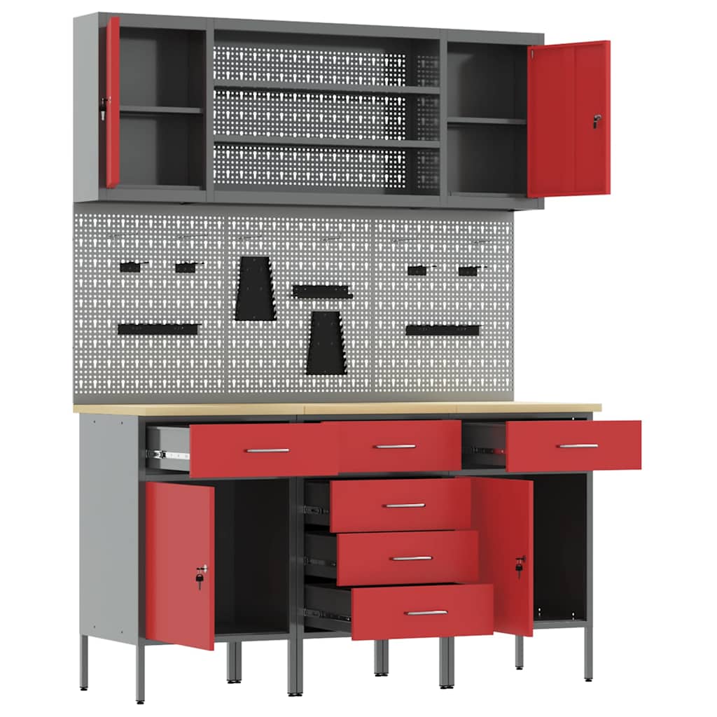 Mobile da lavoro 7 pcs Rosso Legno ingegnerizzato e acciaio