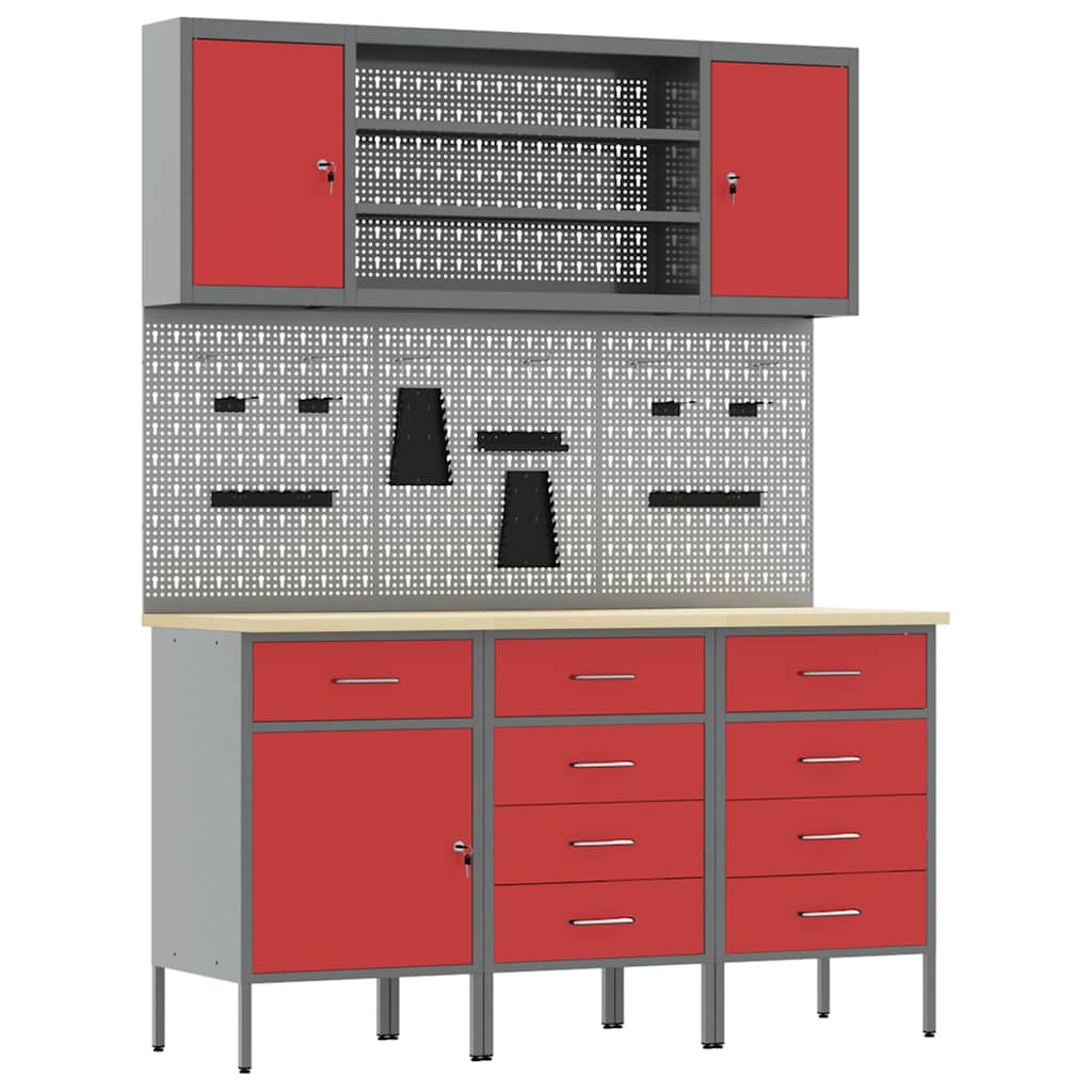 Mobile da lavoro 7 pcs Rosso Legno ingegnerizzato e acciaio