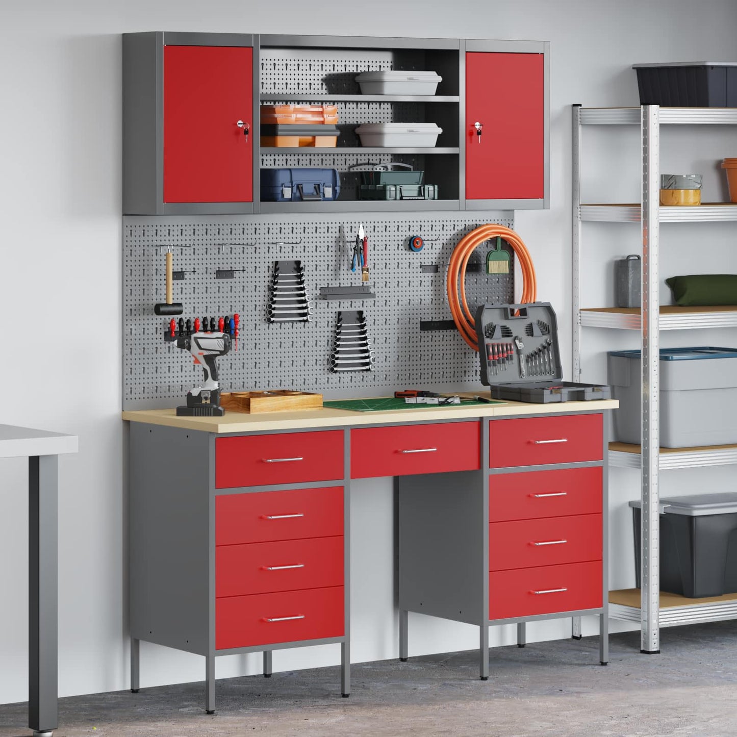 Mobile da lavoro 8 pcs Rosso Legno ingegnerizzato e acciaio