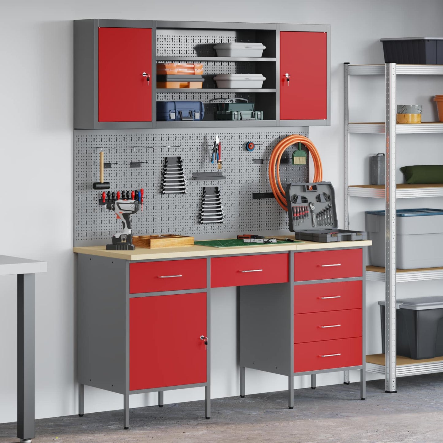 Mobile da lavoro 8 pcs Rosso Legno ingegnerizzato e acciaio