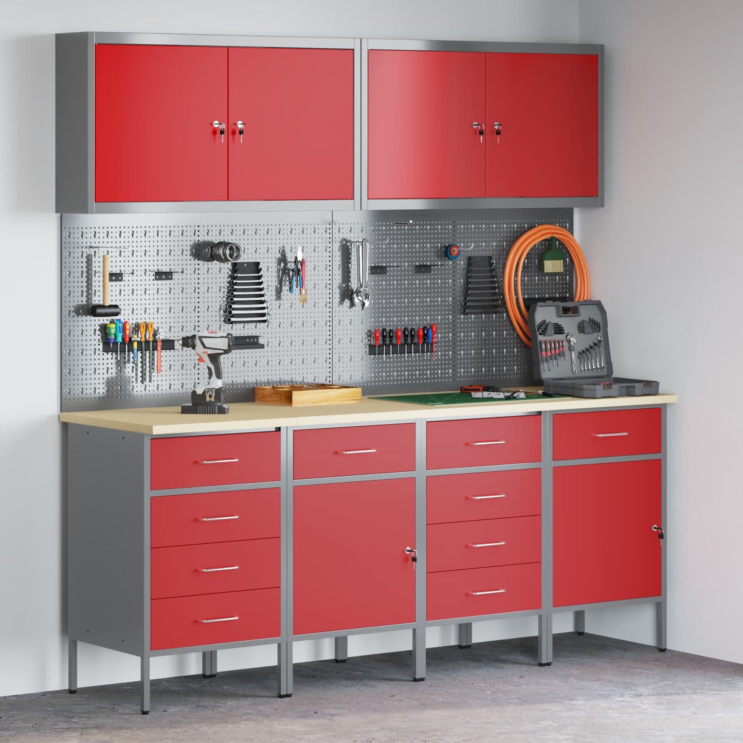 Mobile da lavoro 10 pcs Rosso Legno ingegnerizzato e acciaio