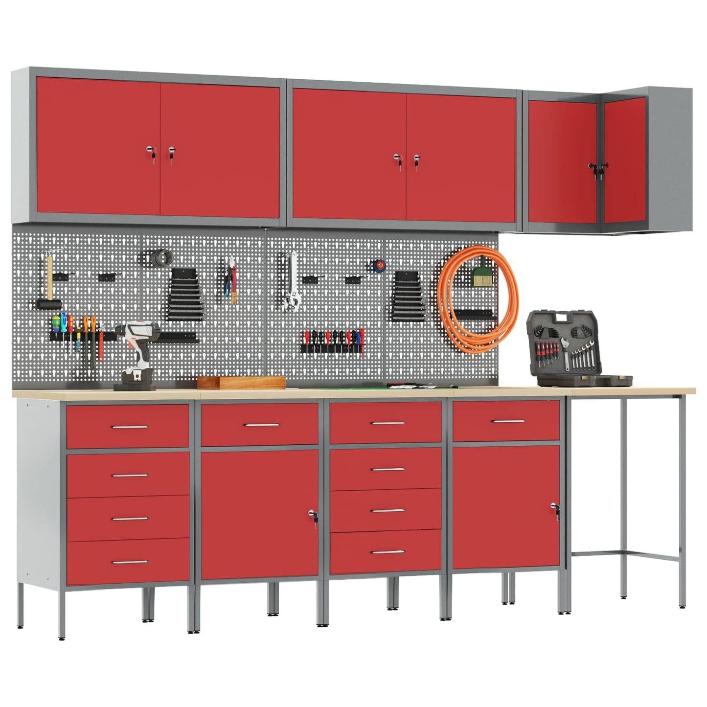 Set di mobili da lavoro con cassetto 12 pcs Rosso e Grigio