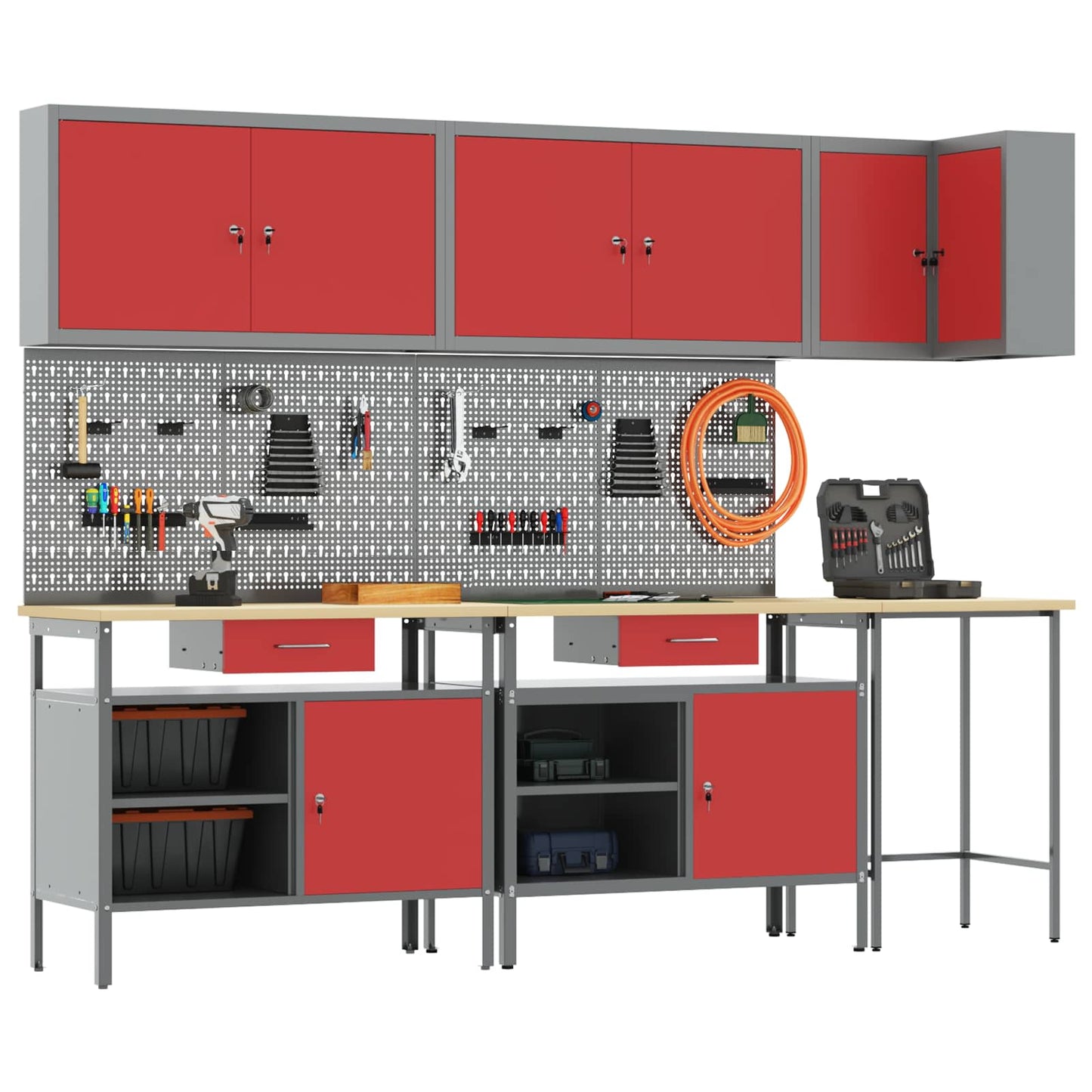 Set di mobili da lavoro con cassetto 10 pcs Rosso e Grigio