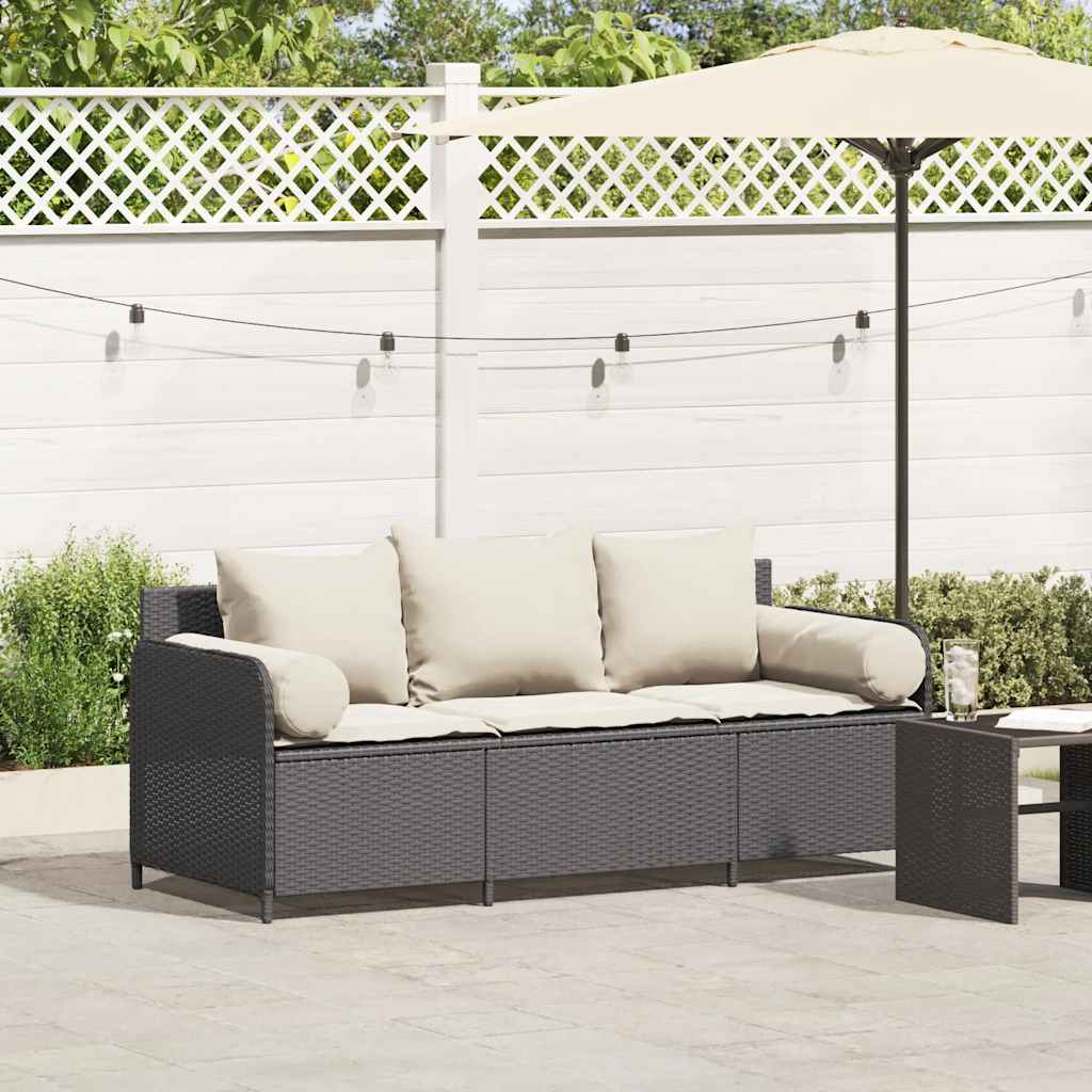 Divano da Giardino a 3 Posti con Cuscini Nero in Polyrattan