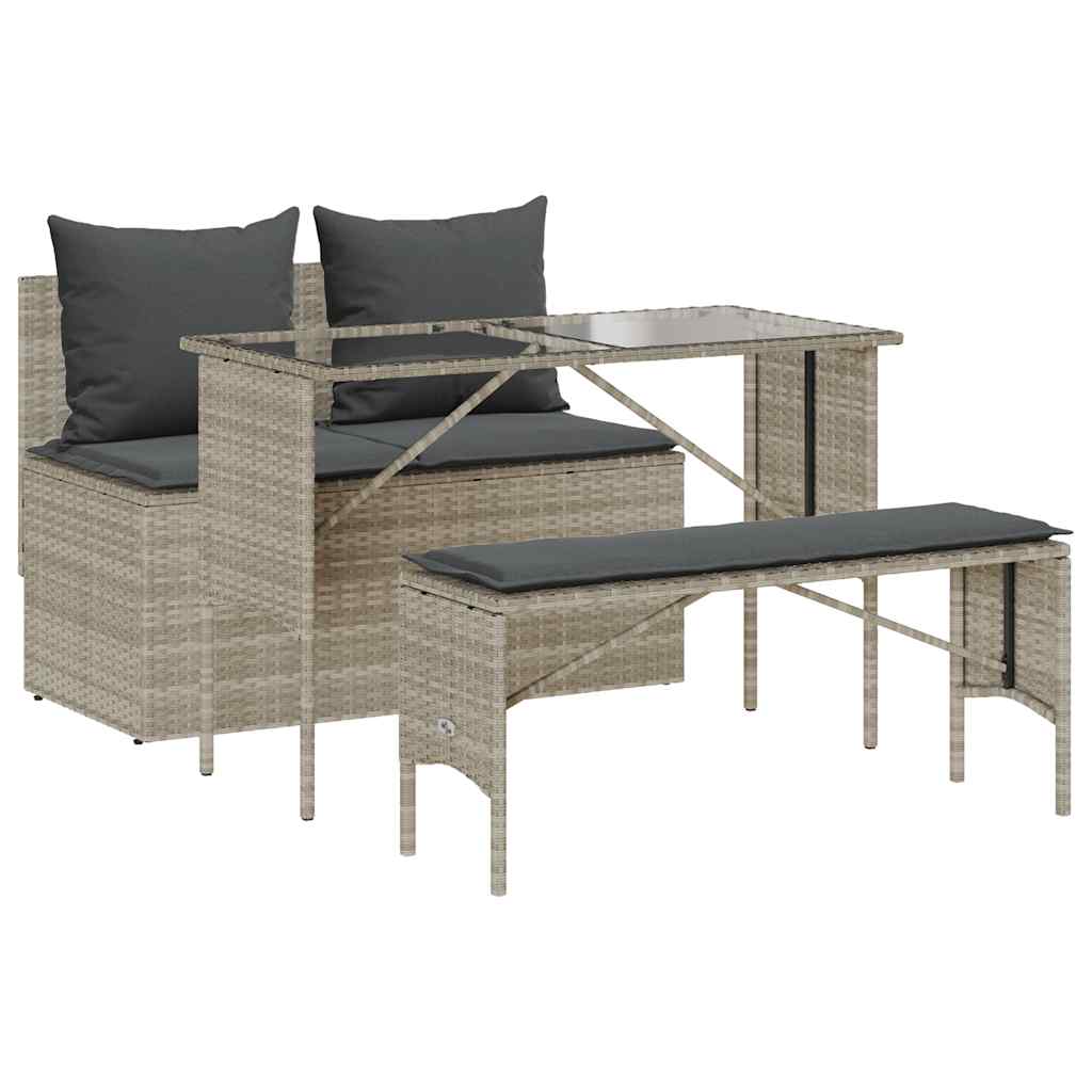 Set Pranzo da Giardino 3pz con Cuscini Grigio Chiaro Polyrattan