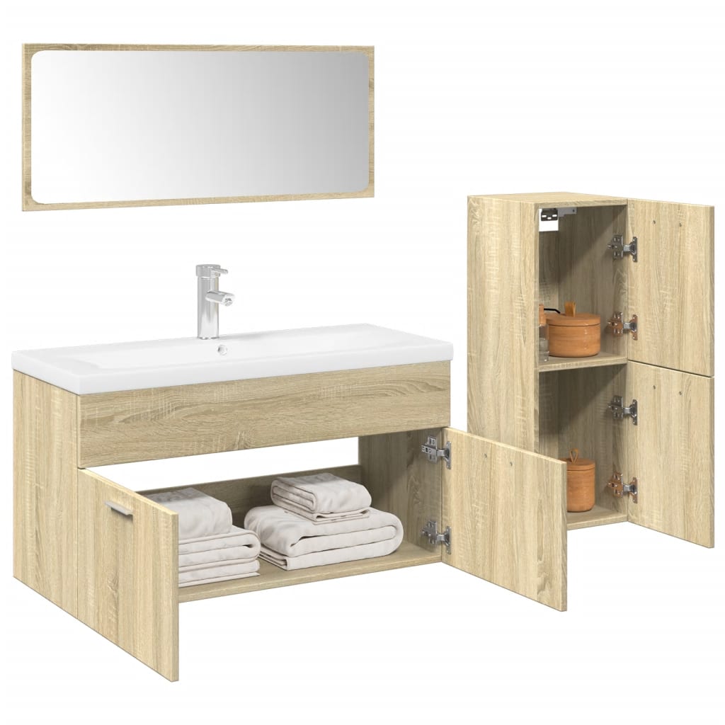 Set Mobili da Bagno 3 pz Rovere Sonoma in Legno Multistrato
