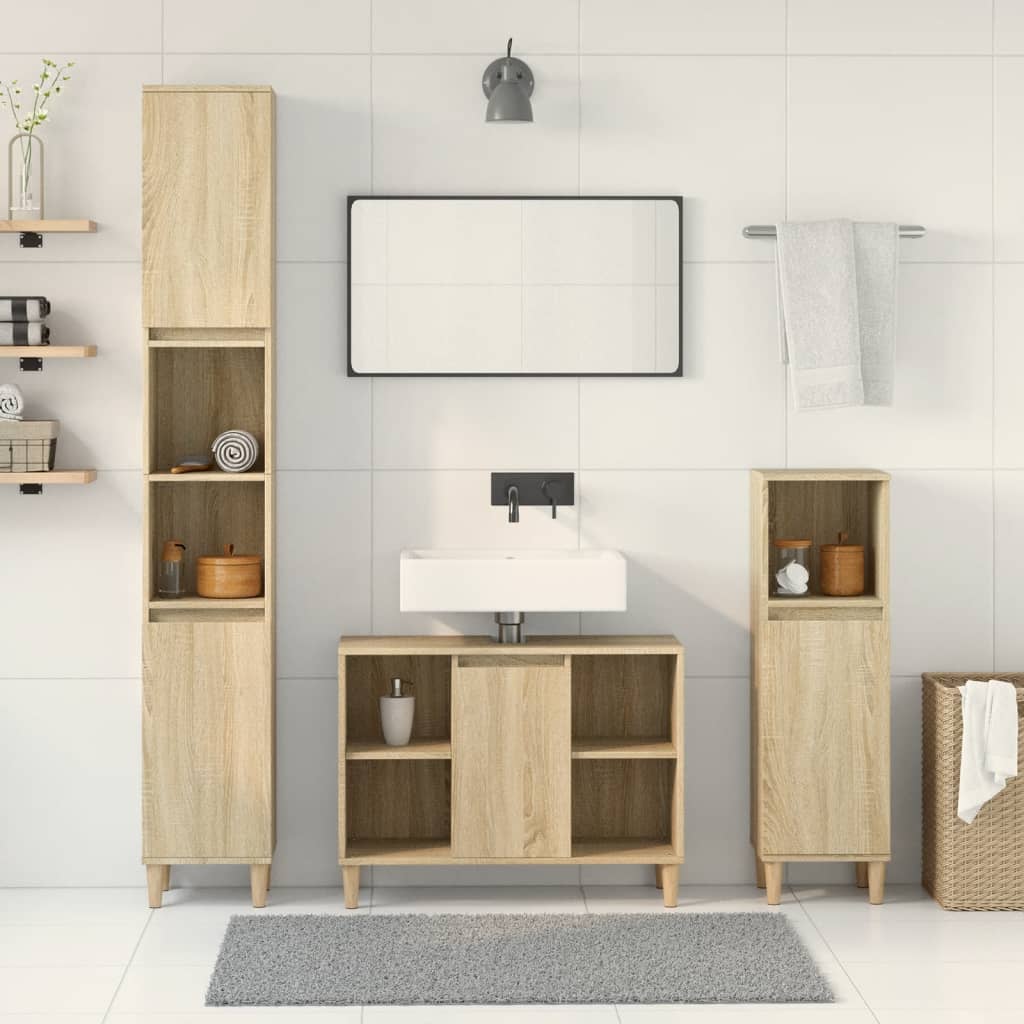 Set Mobili da Bagno 3 pz Rovere Sonoma in Legno Multistrato