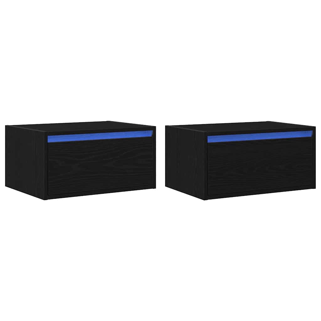 Comodini a Parete con Luci LED 2 pz Rovere Neri