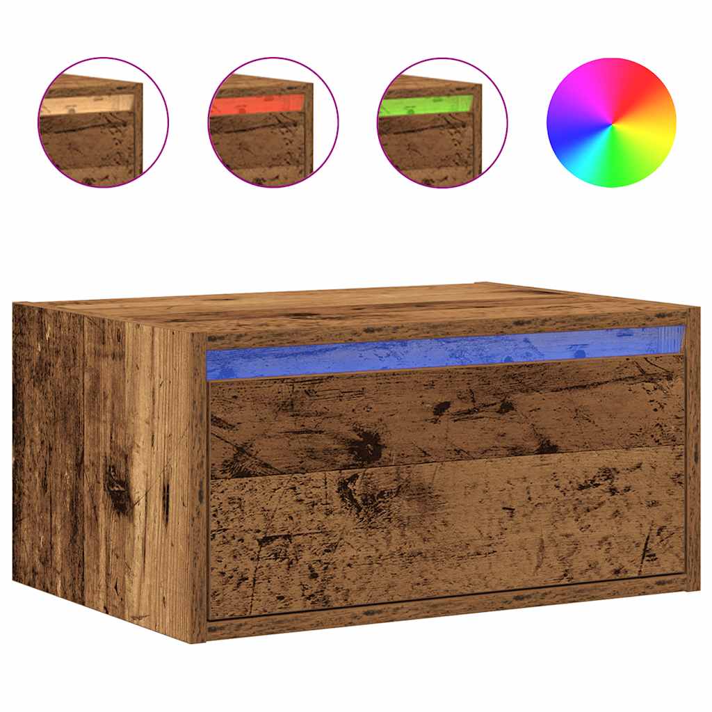 Comodino a Parete con Luci LED Legno Antico
