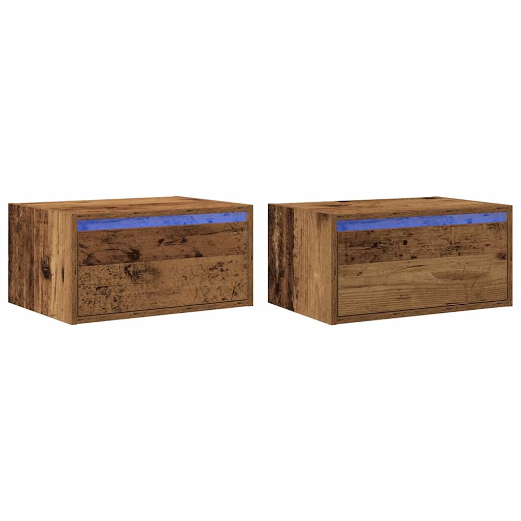 Comodini a Parete con Luci LED 2 pz Legno Antico