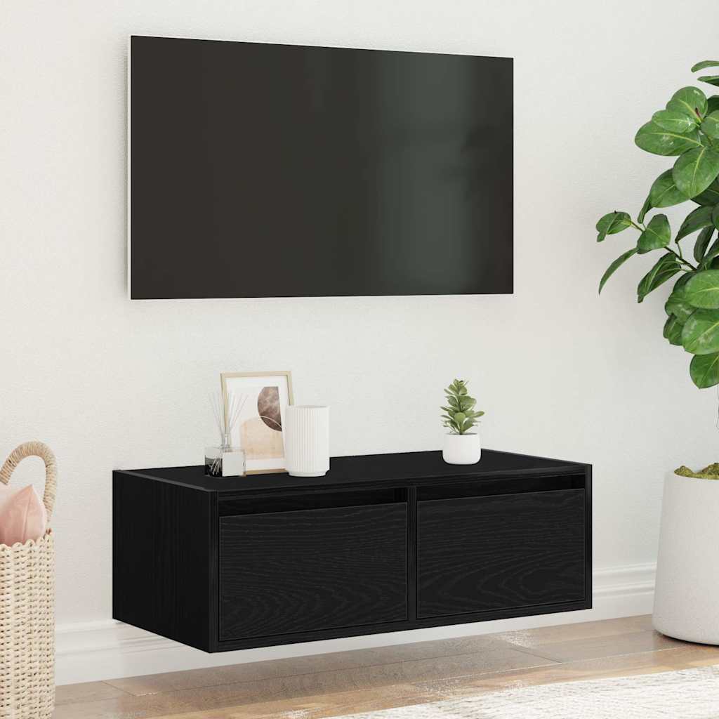 Mobile Porta TV con Luci LED Rovere Nero 75x35,5x25 cm
