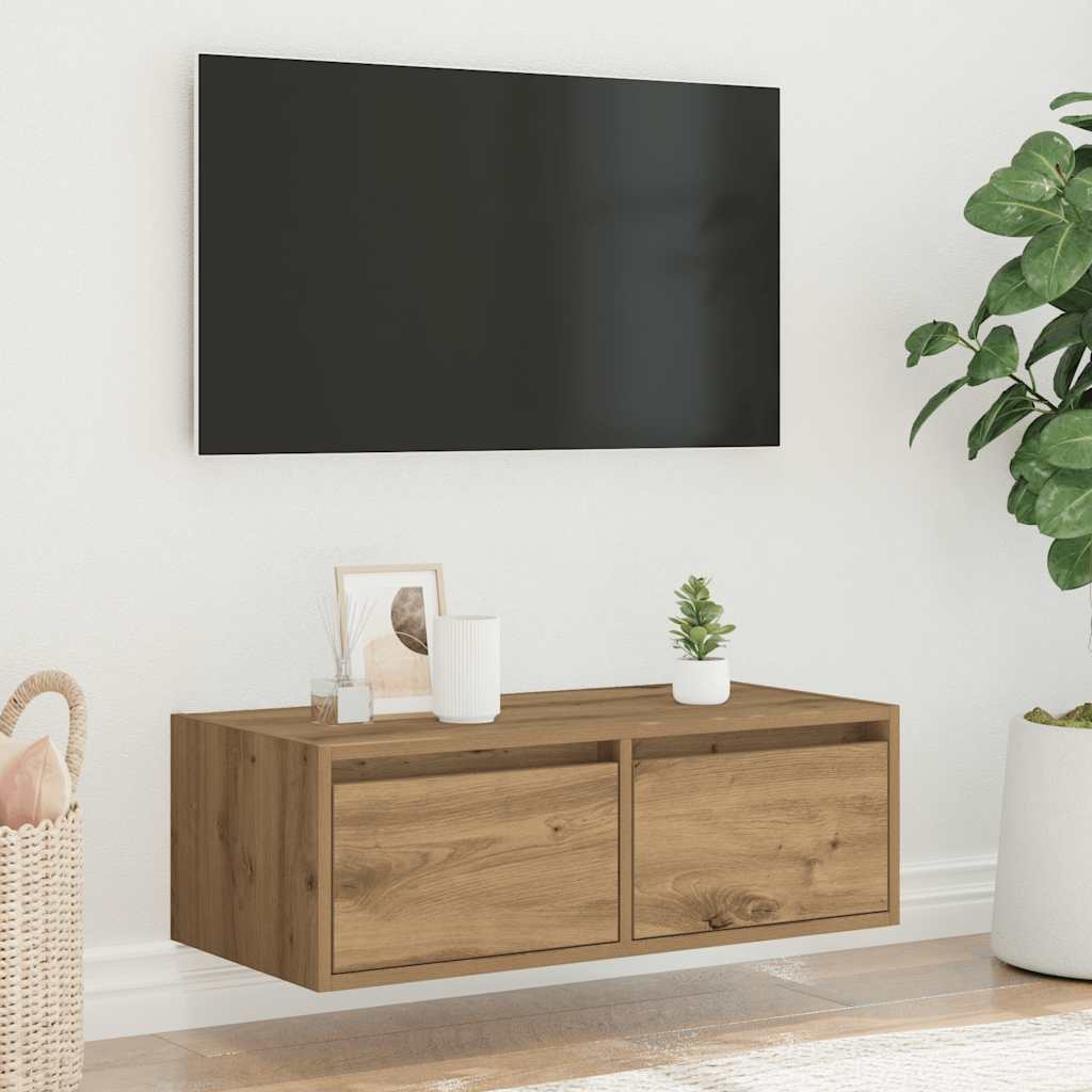 Mobile Porta TV con Luci LED Rovere Artigianale 75x35,5x25 cm