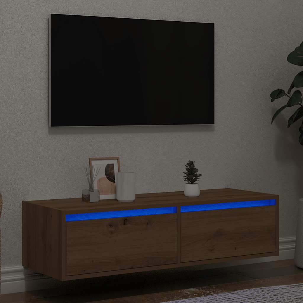 Mobile Porta TV con Luci LED Rovere Artigianale 100X35,5x25 cm