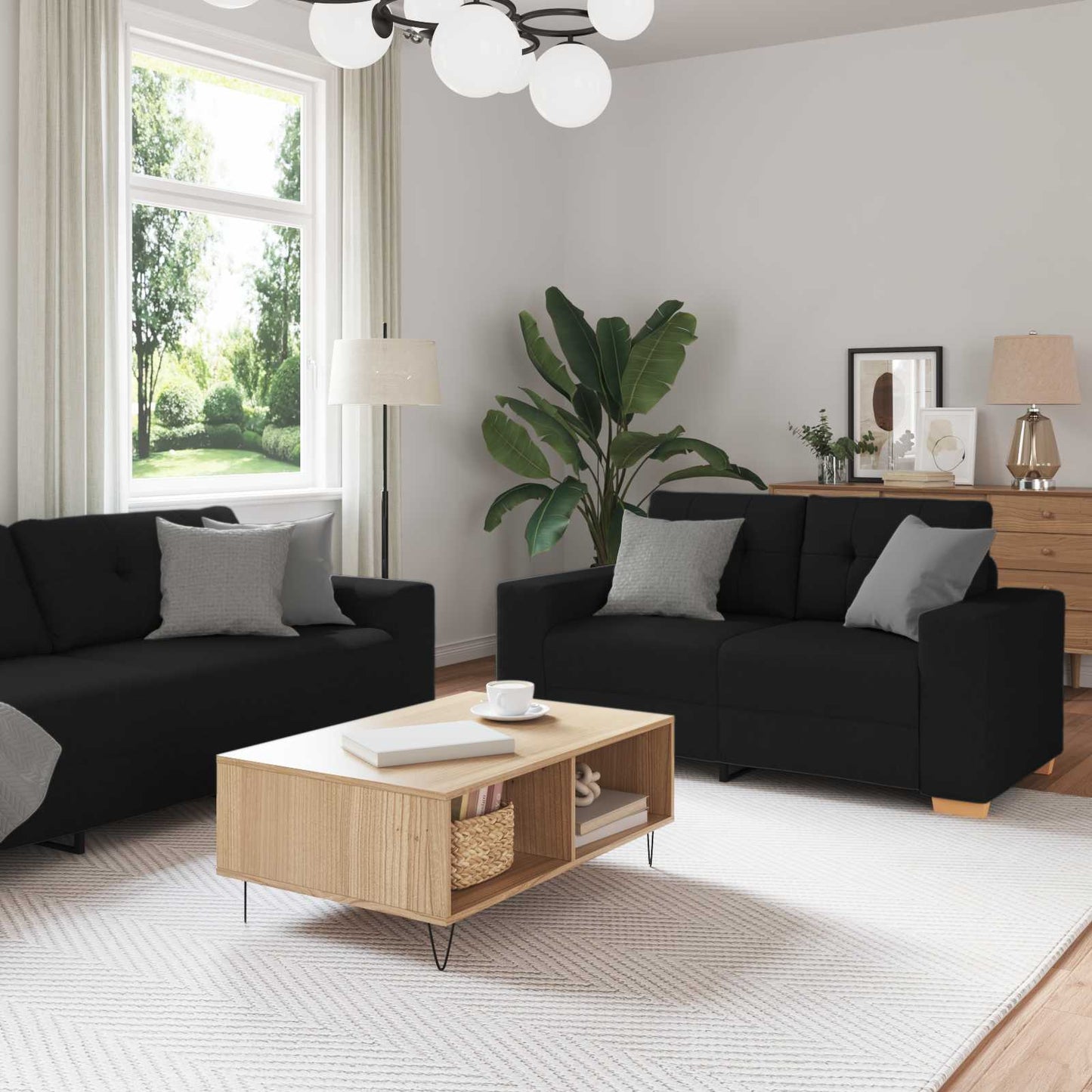 Divano 3 pcs Nero 221 x 80 x 80 cm Tessuto misto lino