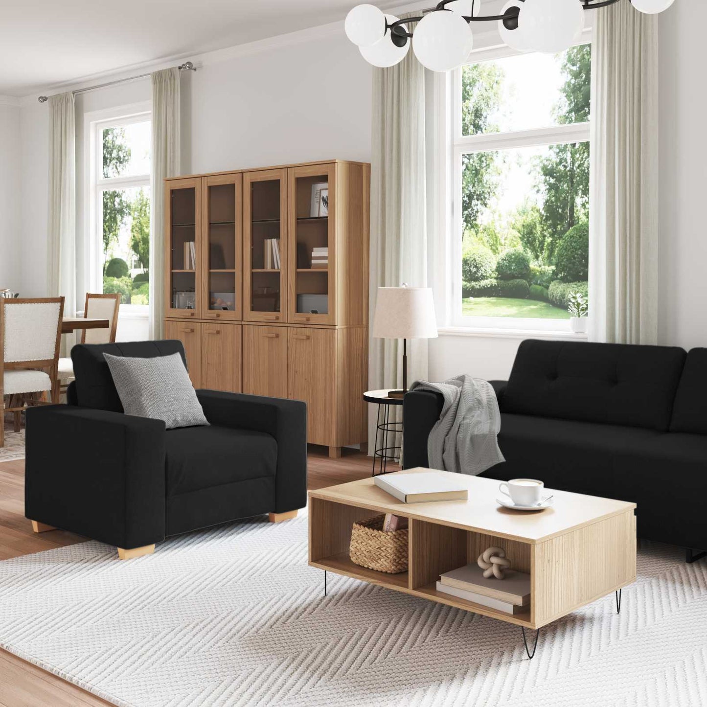 Divano 3 pcs Nero 221 x 80 x 80 cm Tessuto misto lino
