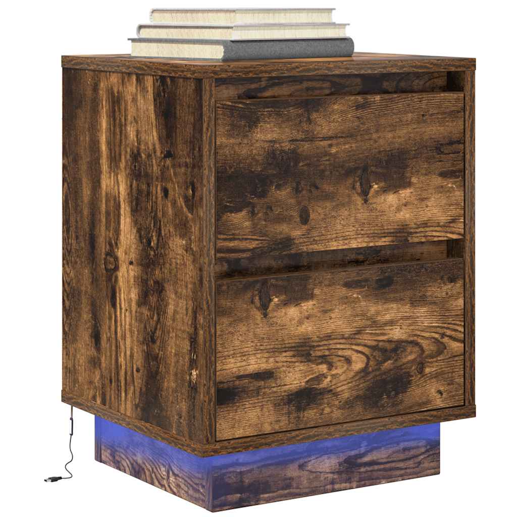 Comodino con Luci LED Rovere Fumo 38x34x50 cm