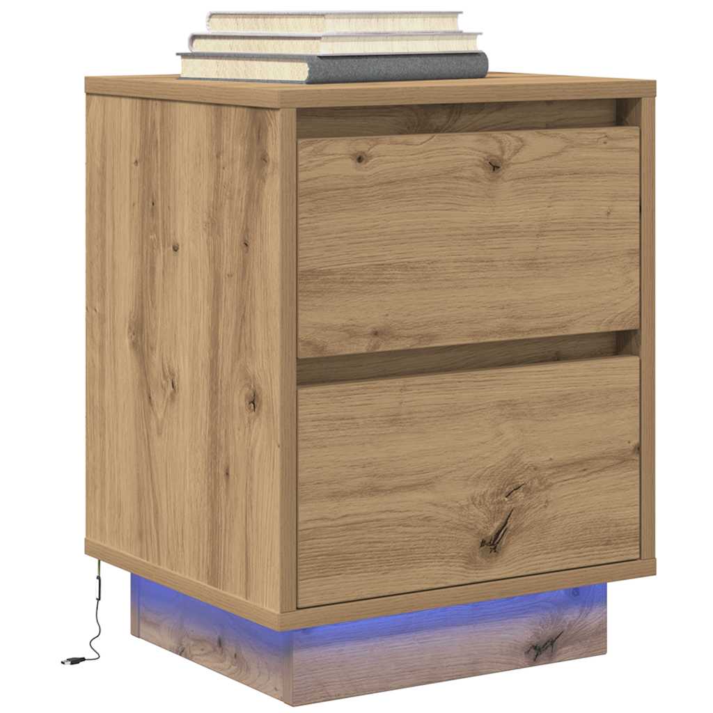 Comodino con Luci LED Rovere Artigianale 38x34x50 cm