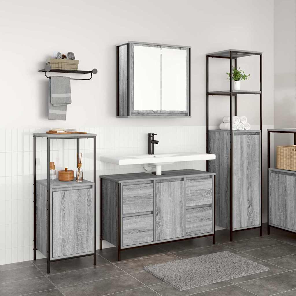 Set di mobili per il bagno con porta 3 pcs Grigio Sonoma e Nero
