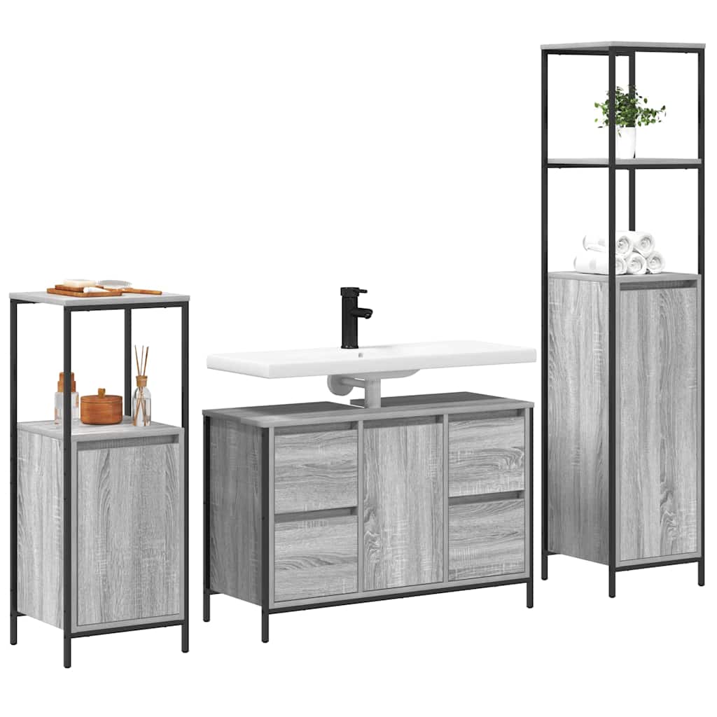Set di mobili per il bagno con porta 3 pcs Grigio Sonoma e Nero