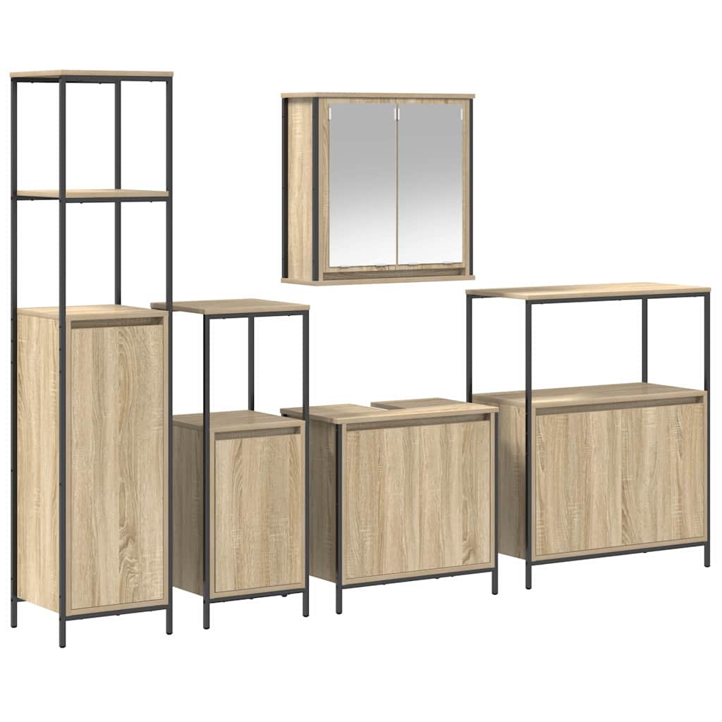 Set di mobili per il bagno con porta 5 pcs Rovere Sonoma e Nero