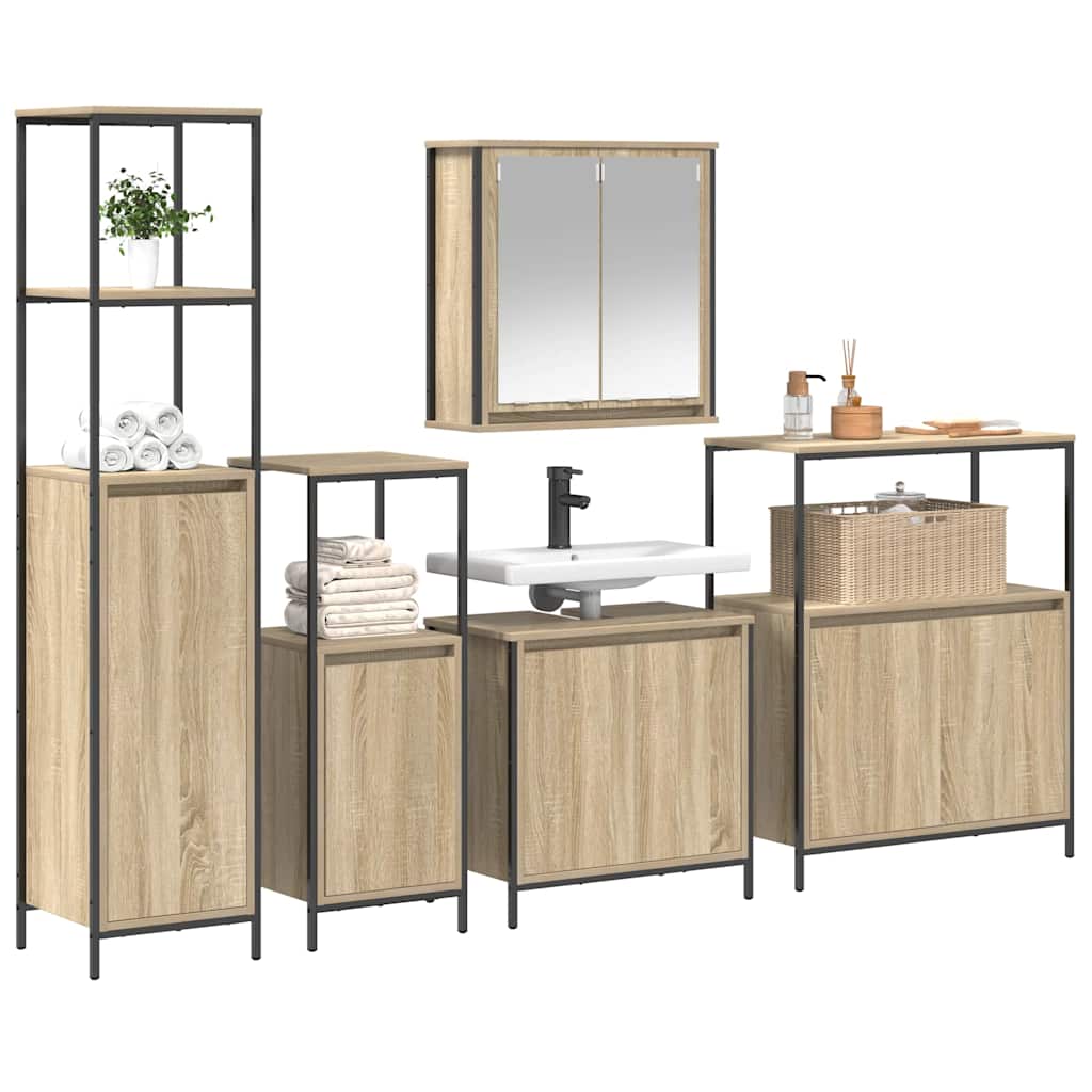 Set di mobili per il bagno con porta 5 pcs Rovere Sonoma e Nero