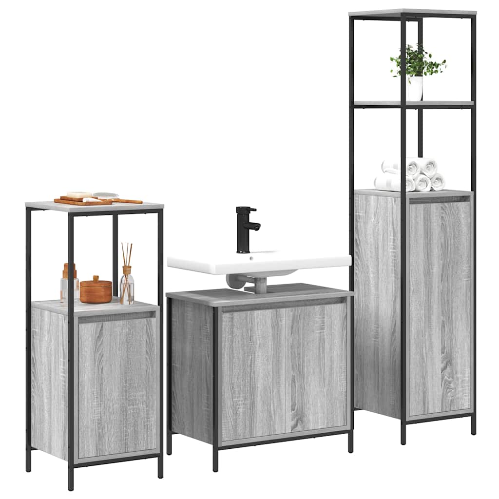 Set di mobili per il bagno con porta 3 pcs Grigio Sonoma e Nero