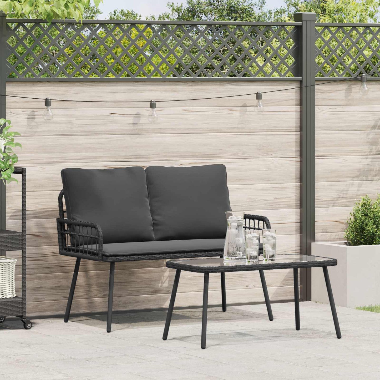 Set da Pranzo per Giardino con cuscino 2 pcs Nero polyrattan