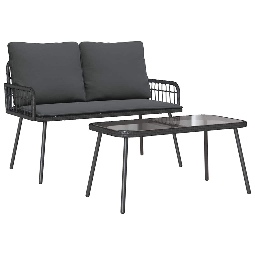 Set da Pranzo per Giardino con cuscino 2 pcs Nero polyrattan