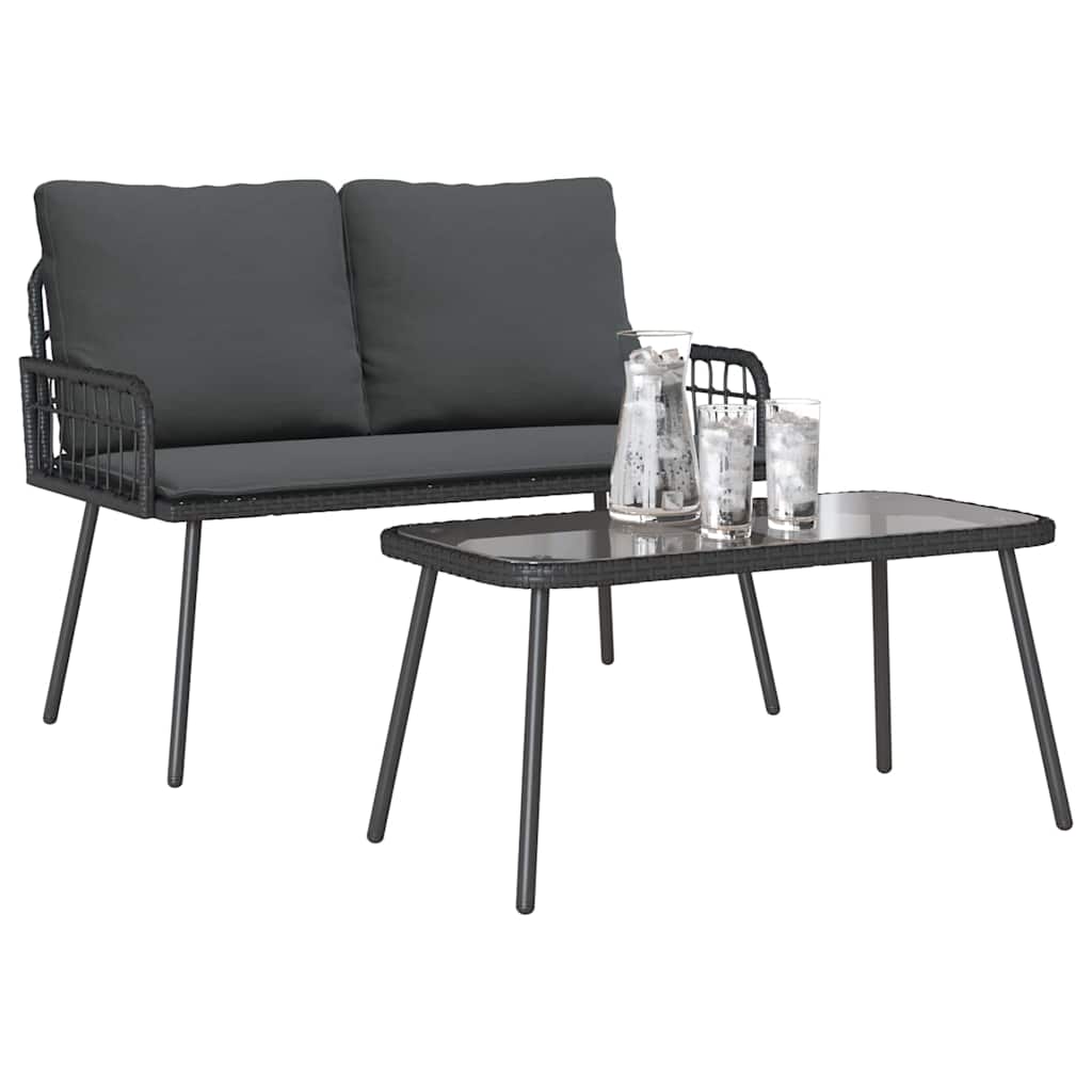 Set da Pranzo per Giardino con cuscino 2 pcs Nero polyrattan