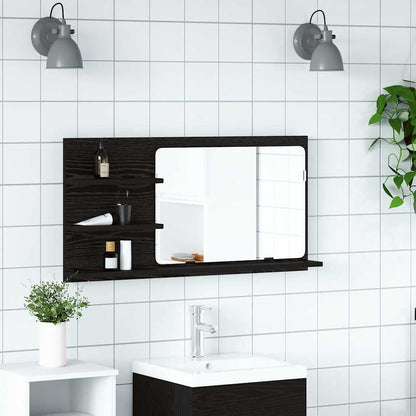 Mobiletto con Specchio per Bagno Rovere Nero 90x11x45 cm in Legno Massello
