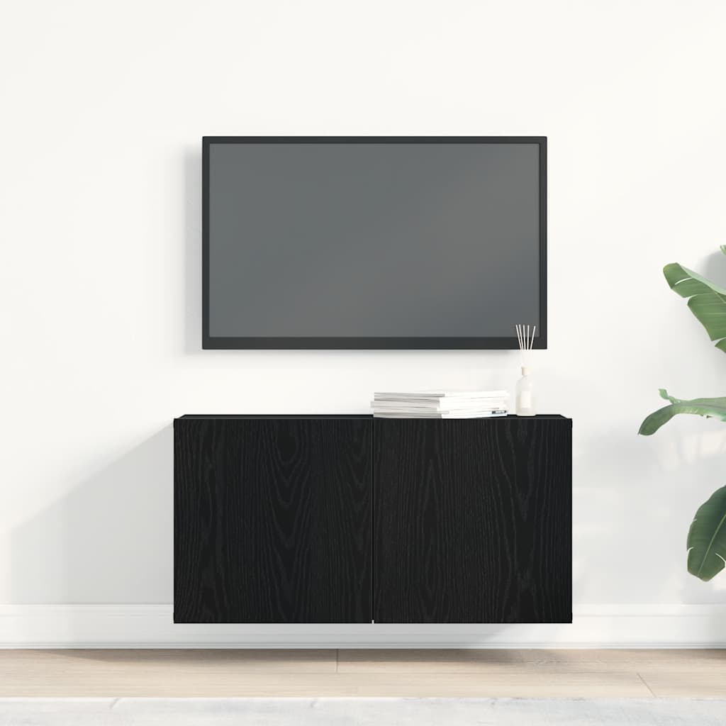 Mobile TV Rovere Nero 80x30x41 cm in Legno Massello