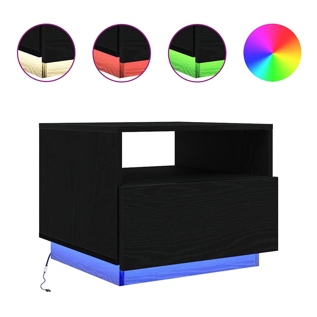Tavolino da Soggiorno con Luci LED Rovere Nero 50x49x40 cm