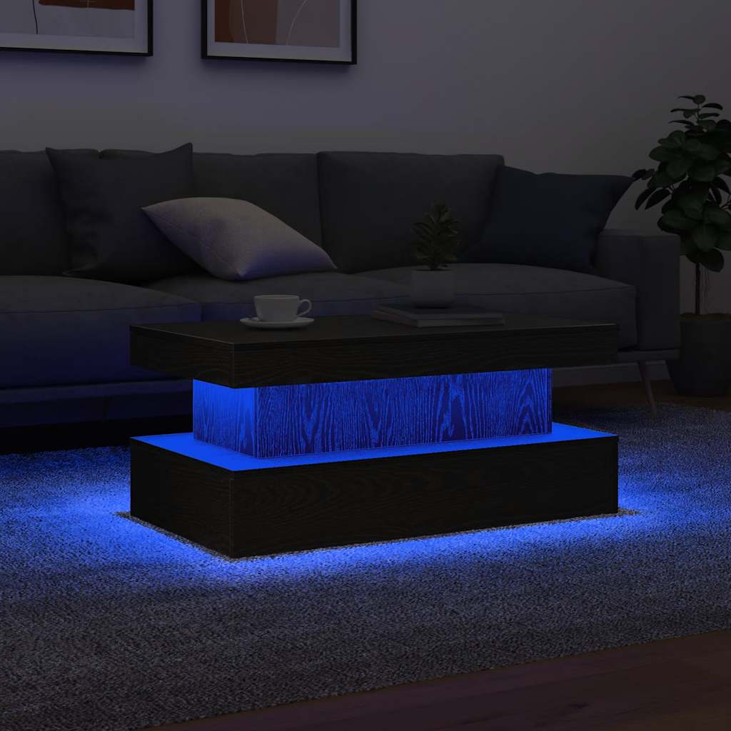 Tavolino da Soggiorno con Luci LED Rovere Nero 90x50x40 cm
