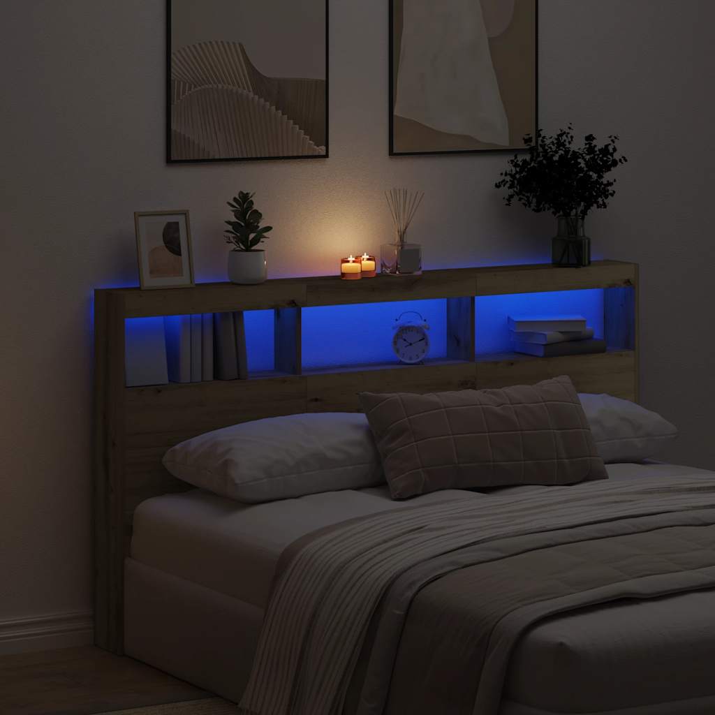 Testiera con Contenitore a LED Rovere Artigianale 180x17x102 cm