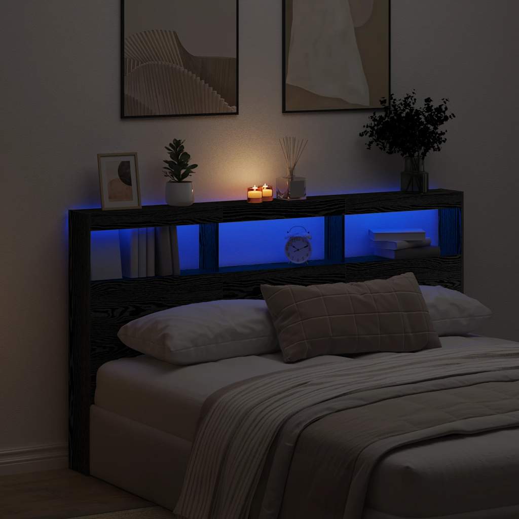 Testiera con Contenitore a LED Rovere Nero 180x17x102 cm