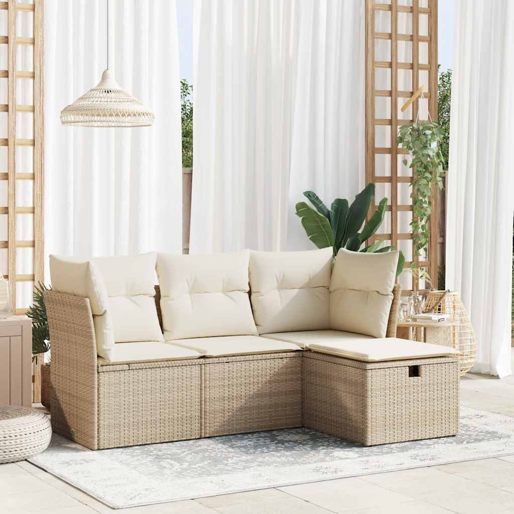 Set Divano da Giardino 4 pz con Cuscini Beige in Polyrattan