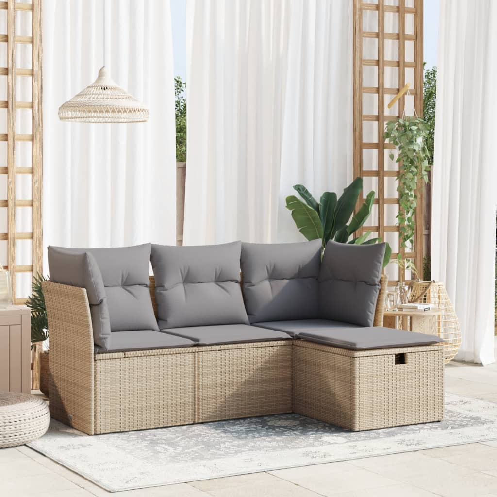 Set Divano da Giardino 4 pz con Cuscini Beige in Polyrattan