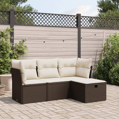 Set Divano da Giardino 4 pz con Cuscini Marrone in Polyrattan