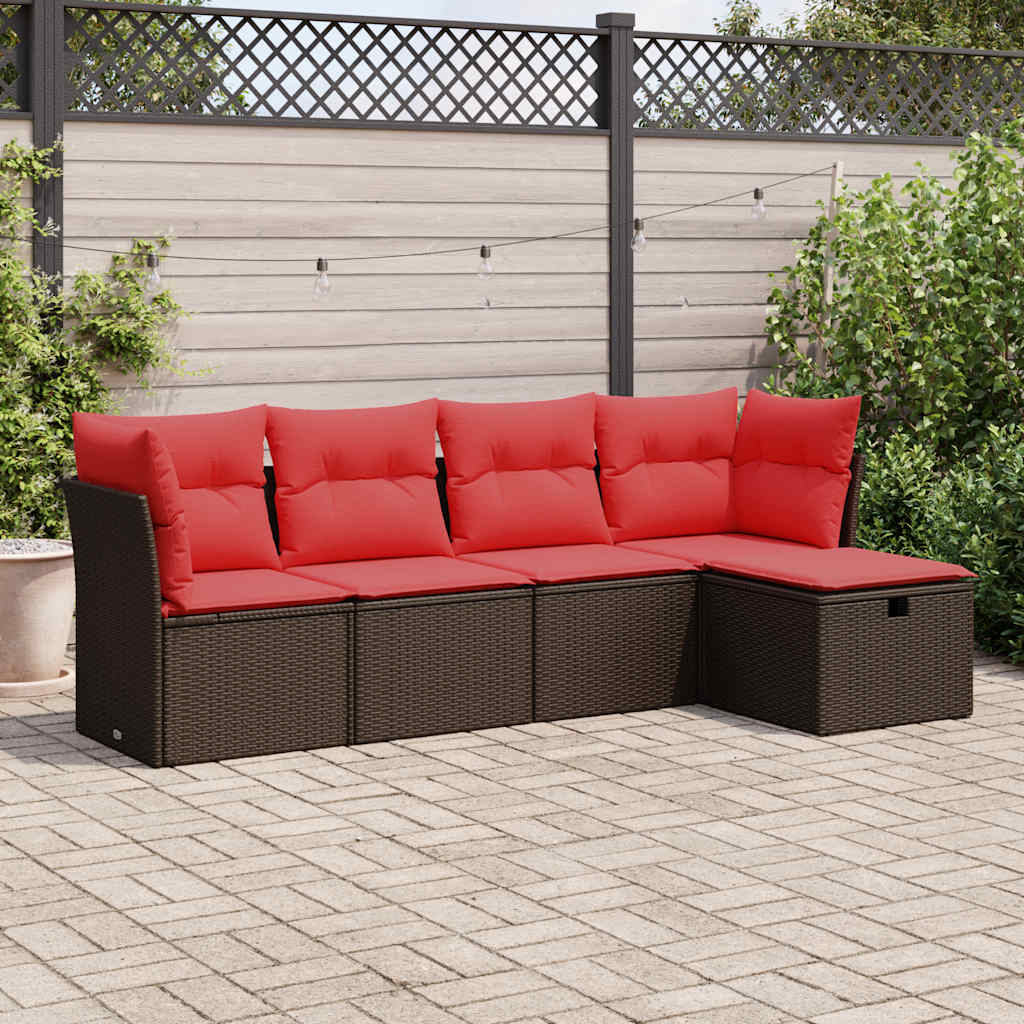 Set Divano da Giardino 5 pz con Cuscini Marrone in Polyrattan