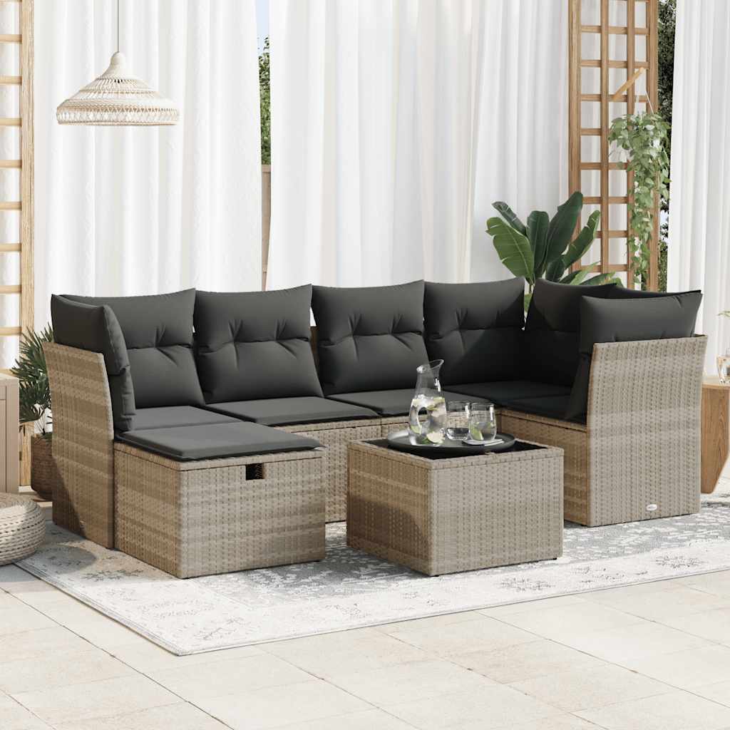 Set Divani da Giardino 7pz con Cuscini Grigio Chiaro Polyrattan