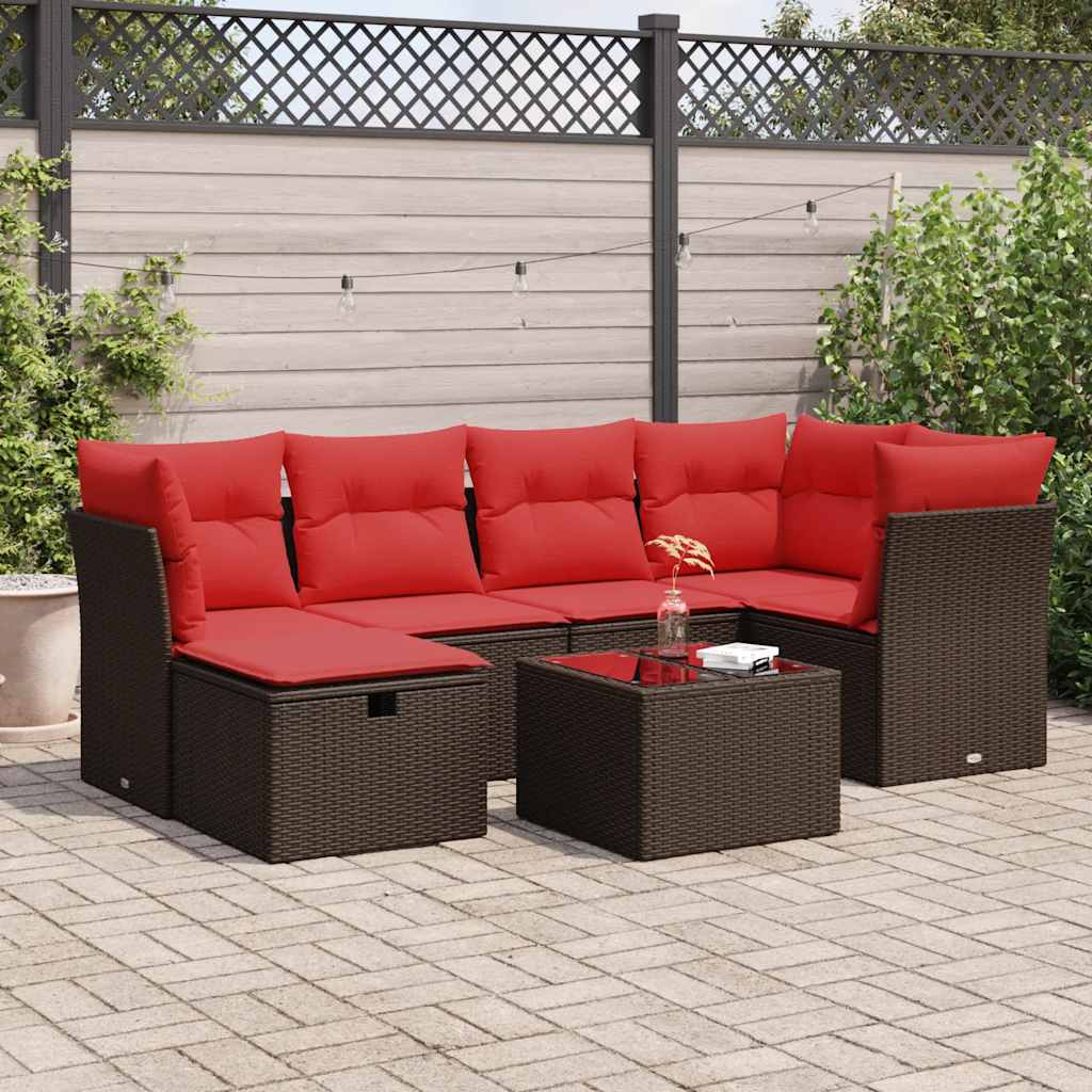 Set Divani da Giardino 7 pz con Cuscini Marrone in Polyrattan