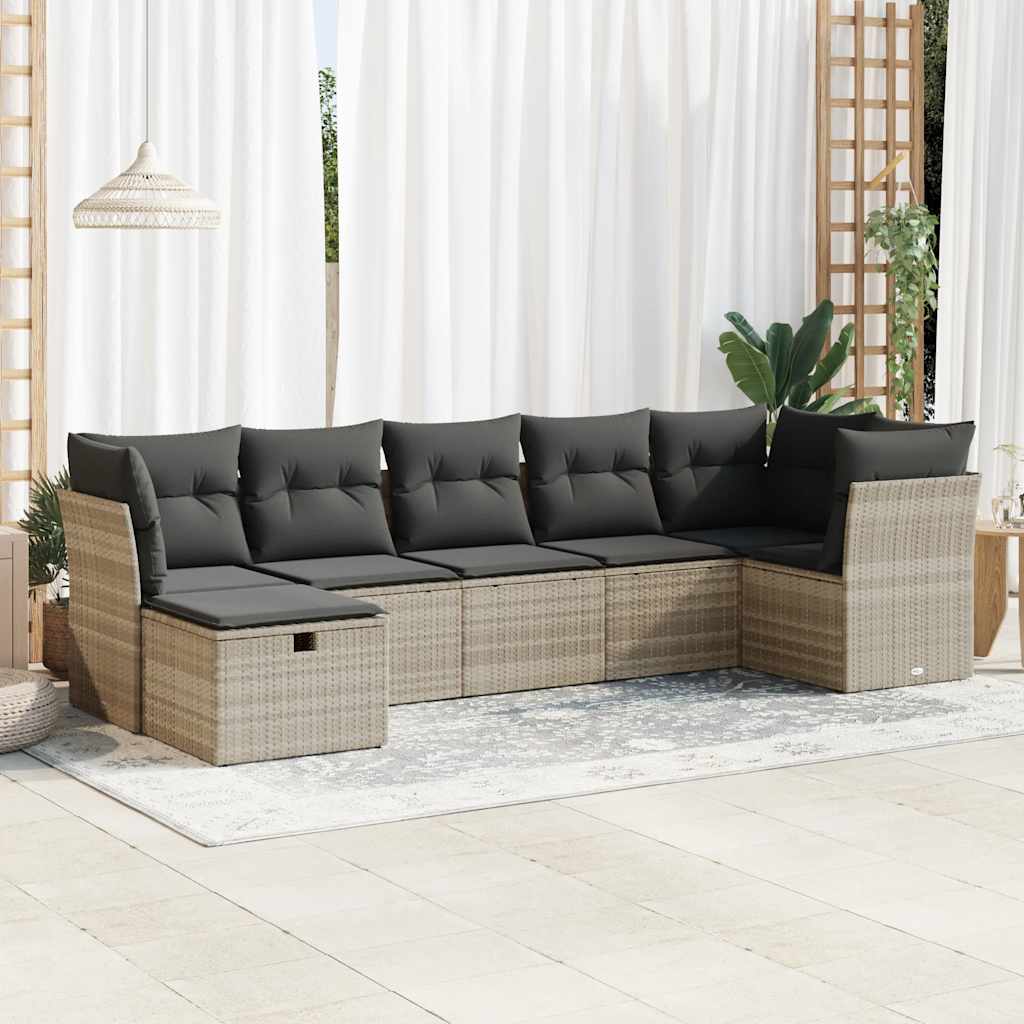 Set Divani da Giardino 7pz con Cuscini Grigio Chiaro Polyrattan