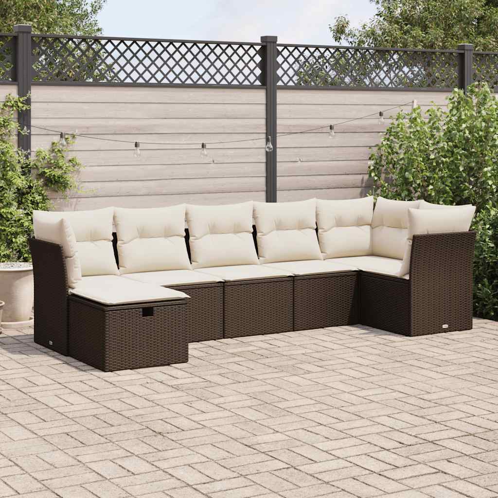 Set Divani da Giardino 7 pz con Cuscini Marrone in Polyrattan
