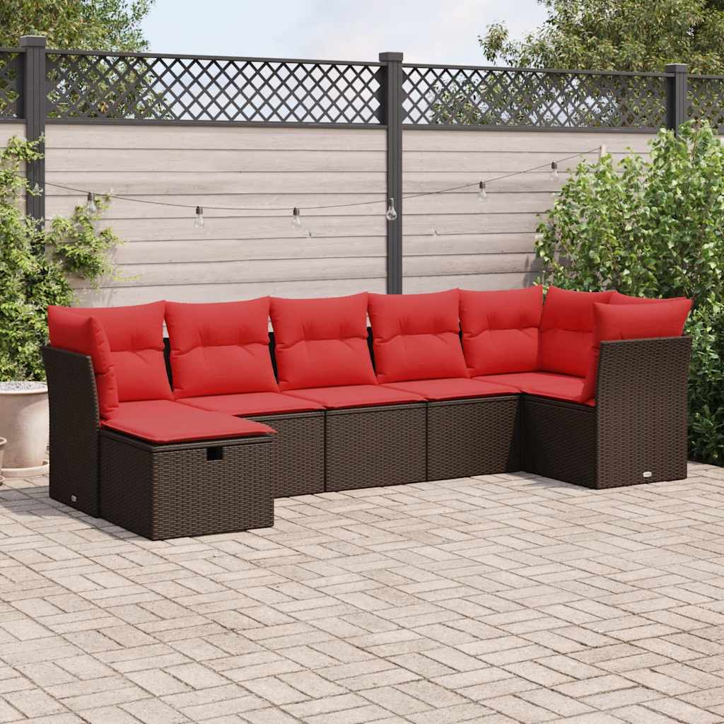Set Divani da Giardino 7 pz con Cuscini Marrone in Polyrattan