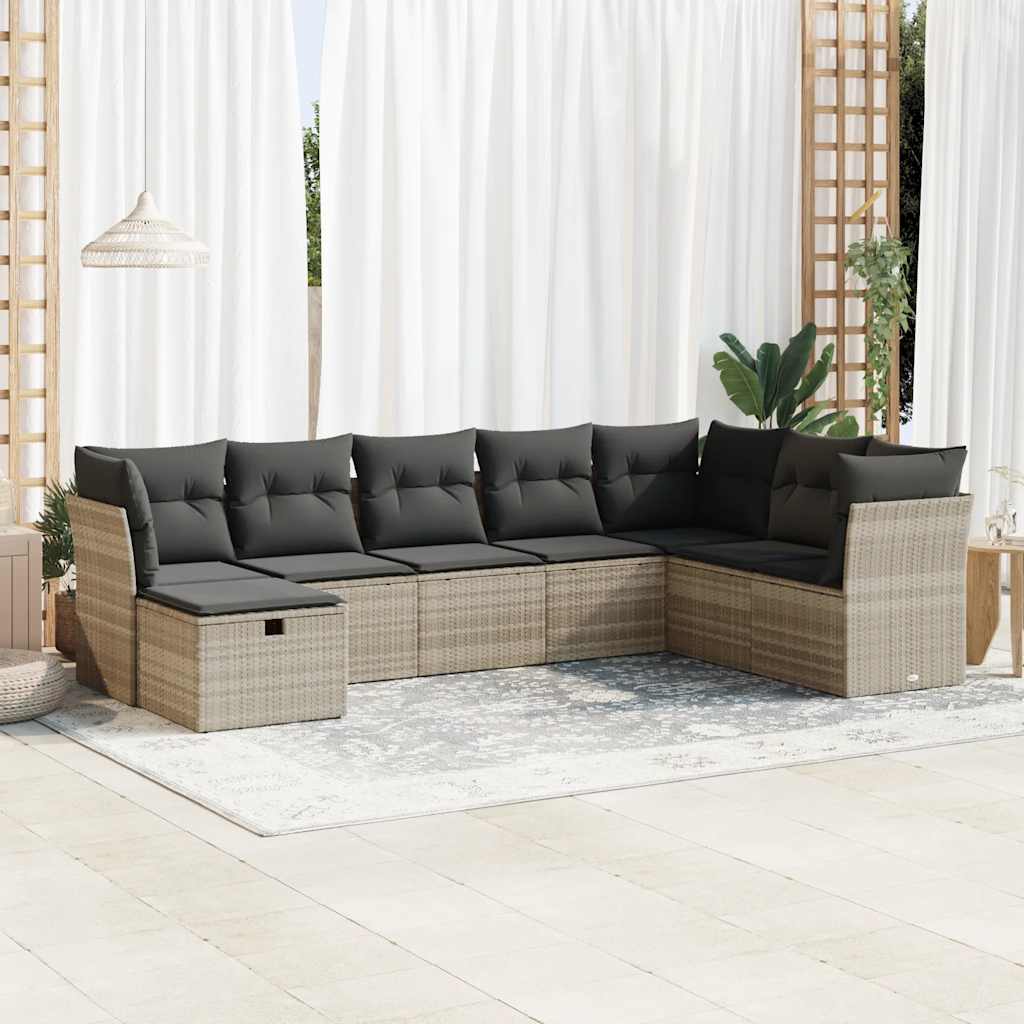 Set Divano da Giardino 8pz con Cuscini Grigio Chiaro Polyrattan