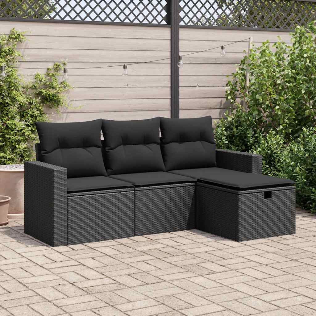 Set Divani da Giardino 4 pz con Cuscini Nero in Polyrattan